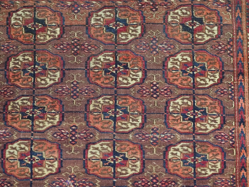ANTIQUE TEKKE TURKMEN DOWRY RUG, COCHINEAL DYE THROUGH OUT, CIRCA 1900. View VI