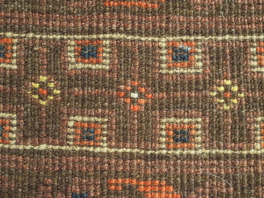 An antique Afghan Kizil Ayak hand-knotted wool rug featuring two opposing mosque niche designs in terracotta, brown, and ivory tones. View XIII