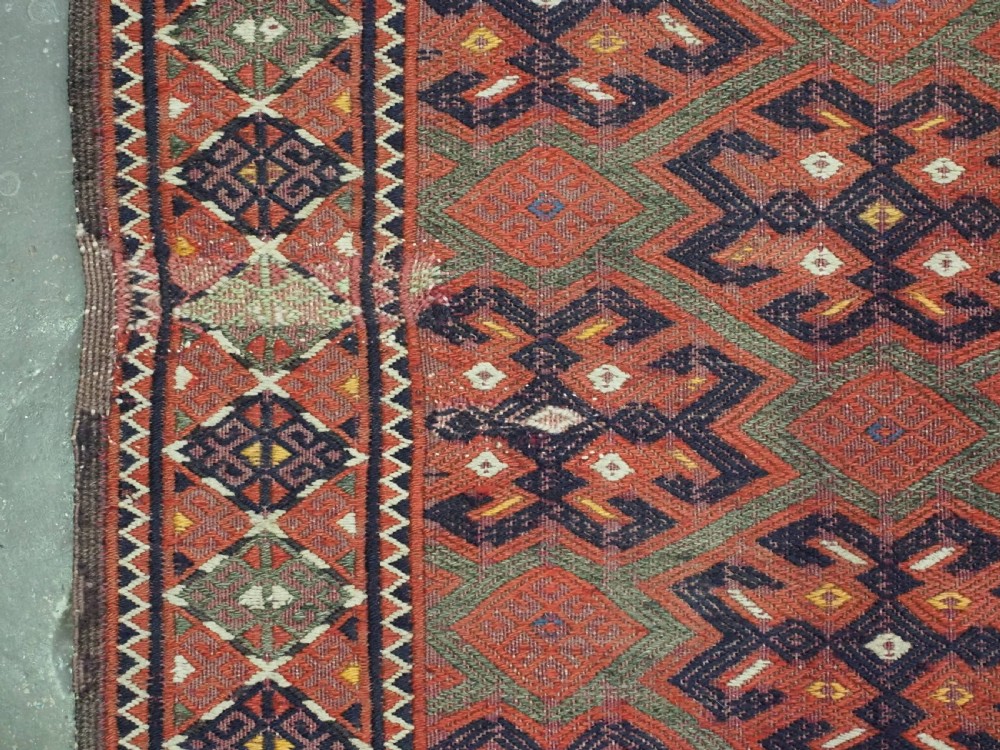 ANTIQUE YOMUT TURKMEN PALAS SOUMAK KILIM, GOOD CONDITION, LONG KILIM ENDS WITH CHEVRON DESIGN, CIRCA 1900/20. View X
