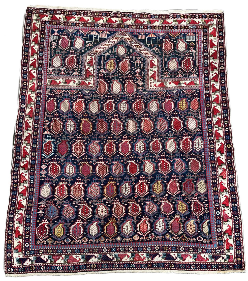 ANTIQUE CAUCASIAN BLACK MARASALI PRAYER RUG, OUTSTANDING EXAMPLE, DATED 1883.