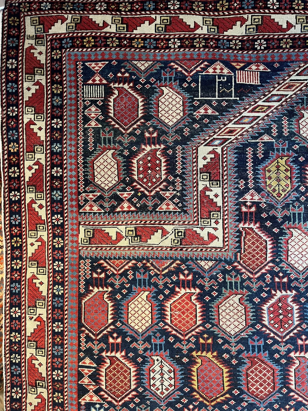 ANTIQUE CAUCASIAN BLACK MARASALI PRAYER RUG, OUTSTANDING EXAMPLE, DATED 1883. View II