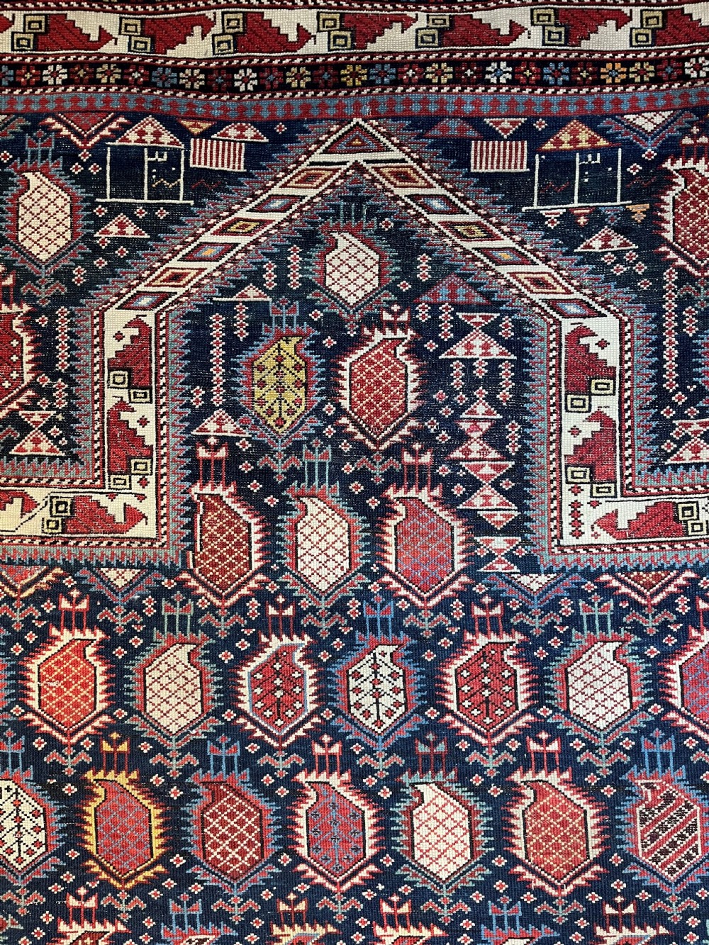 ANTIQUE CAUCASIAN BLACK MARASALI PRAYER RUG, OUTSTANDING EXAMPLE, DATED 1883. View III