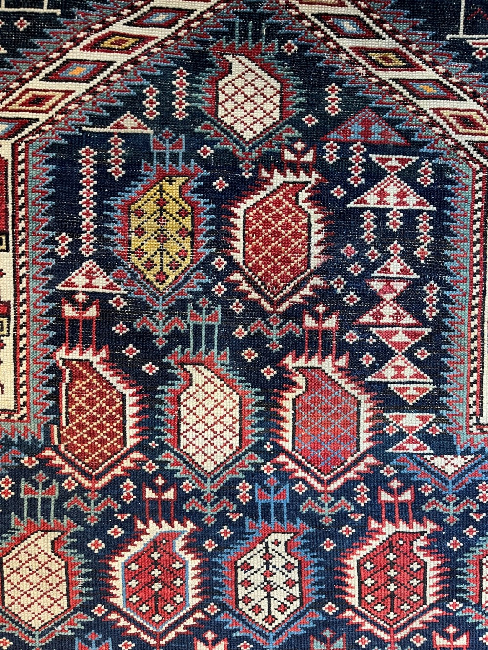 ANTIQUE CAUCASIAN BLACK MARASALI PRAYER RUG, OUTSTANDING EXAMPLE, DATED 1883. View VIII
