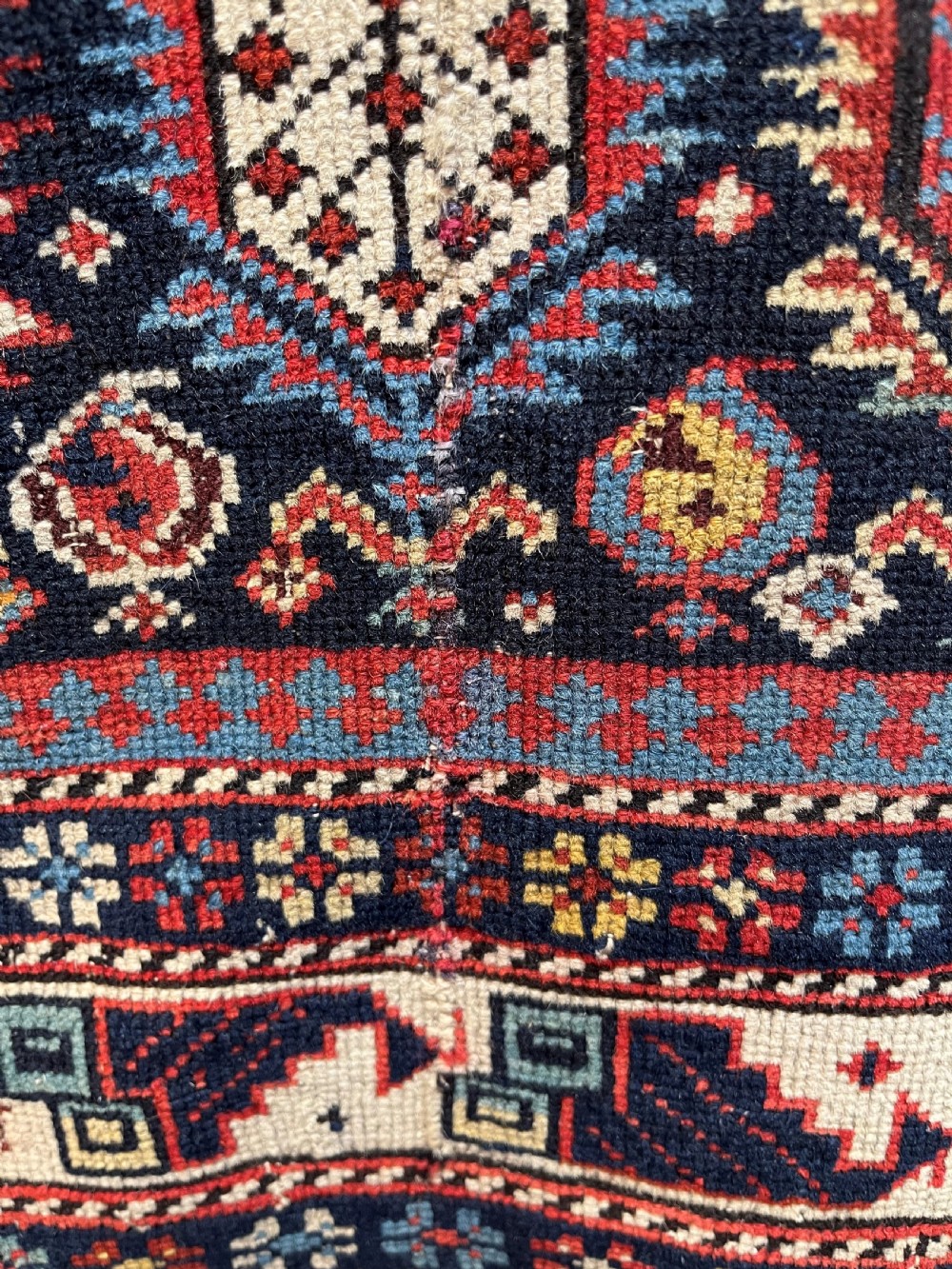 ANTIQUE CAUCASIAN BLACK MARASALI PRAYER RUG, OUTSTANDING EXAMPLE, DATED 1883. View IX