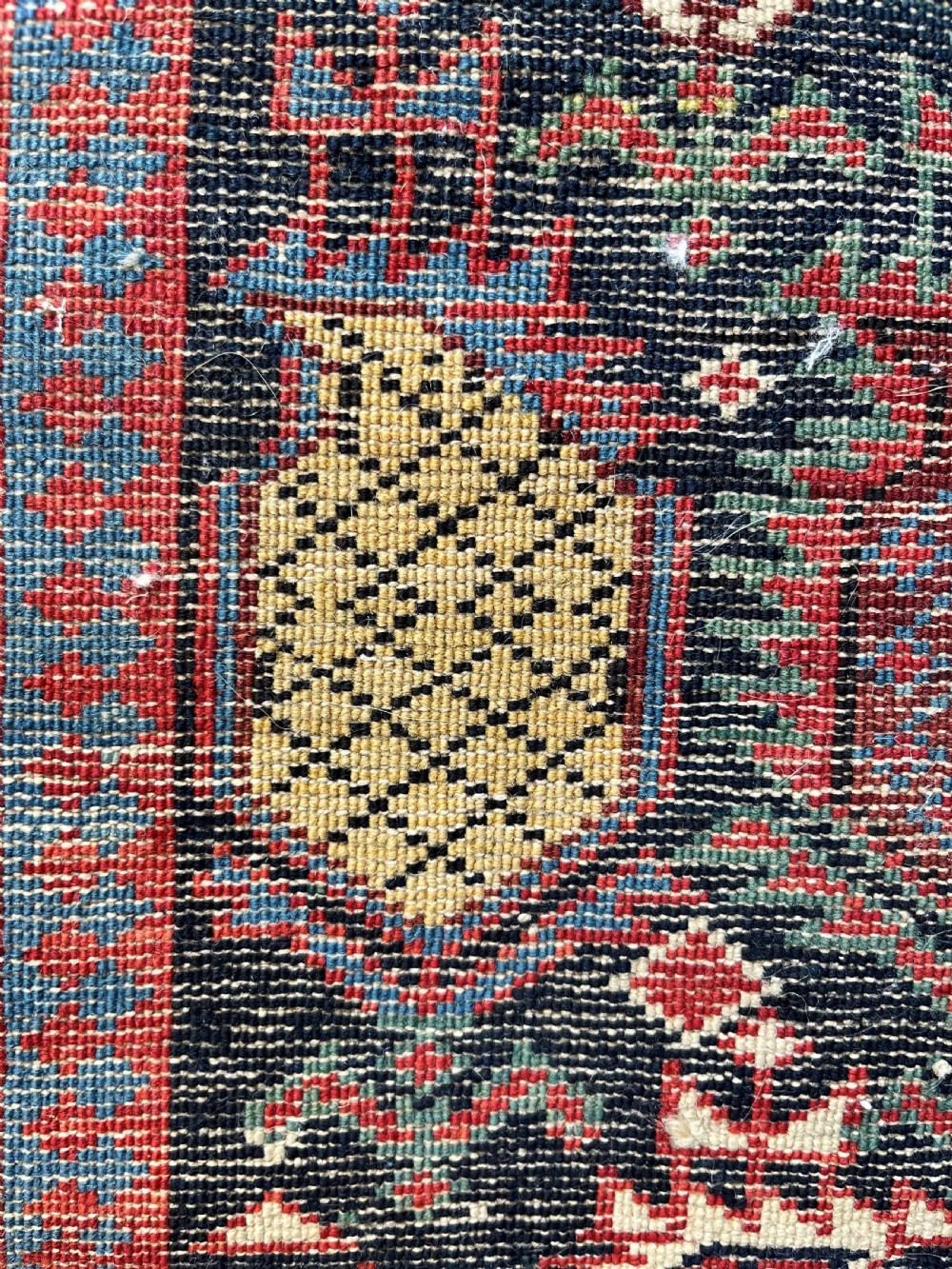 ANTIQUE CAUCASIAN BLACK MARASALI PRAYER RUG, OUTSTANDING EXAMPLE, DATED 1883. View X