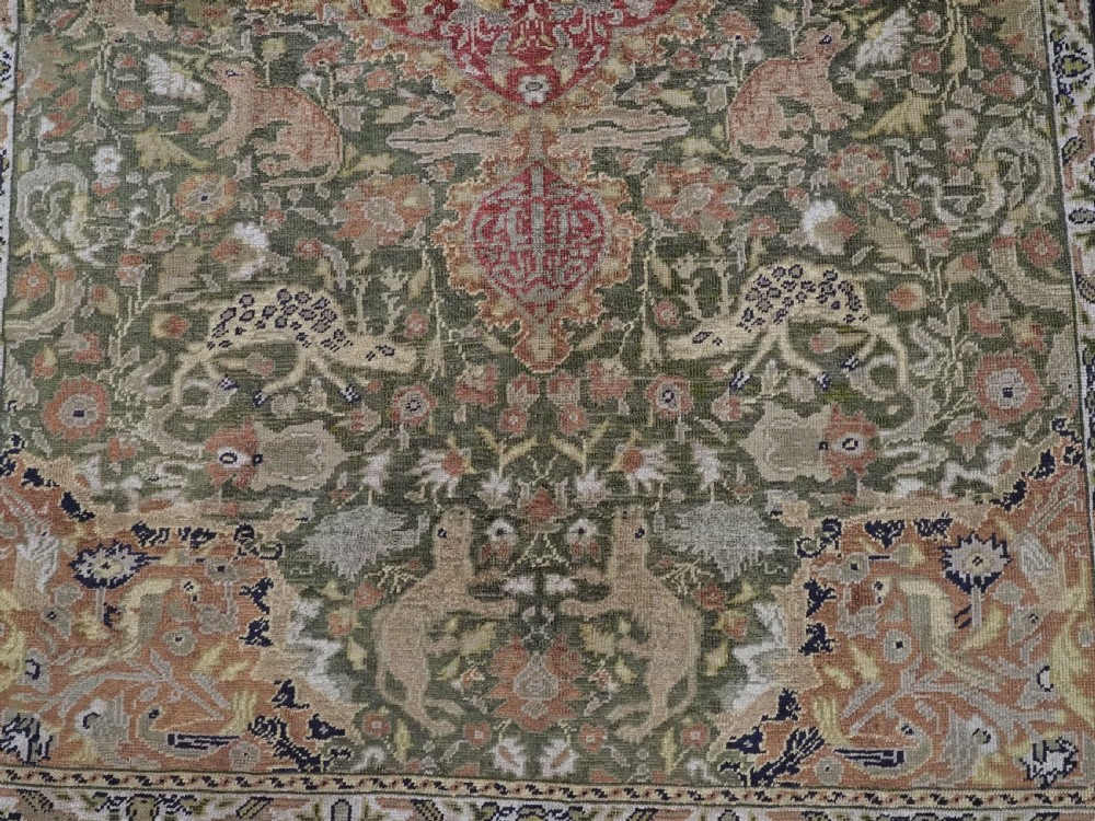 ANTIQUE TURKISH KAYSERI PICTORIAL SILK RUG WITH HUNTING DESIGN, CIRCA 1890. View XI