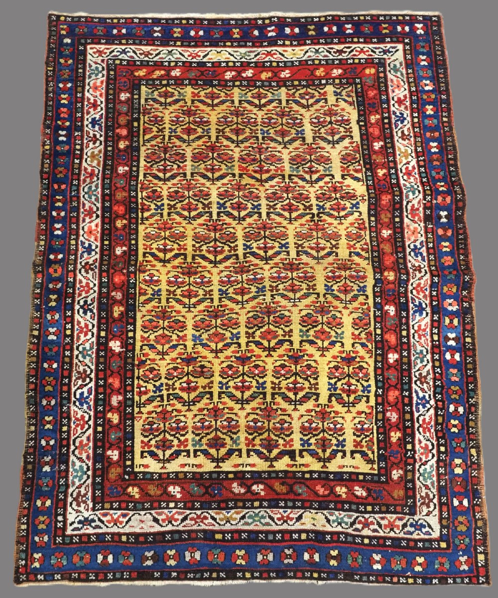 An antique hand-knotted Kurdish wool rug featuring a bright yellow central field with repeating red and blue shrub motifs enclosed within patterned borders.