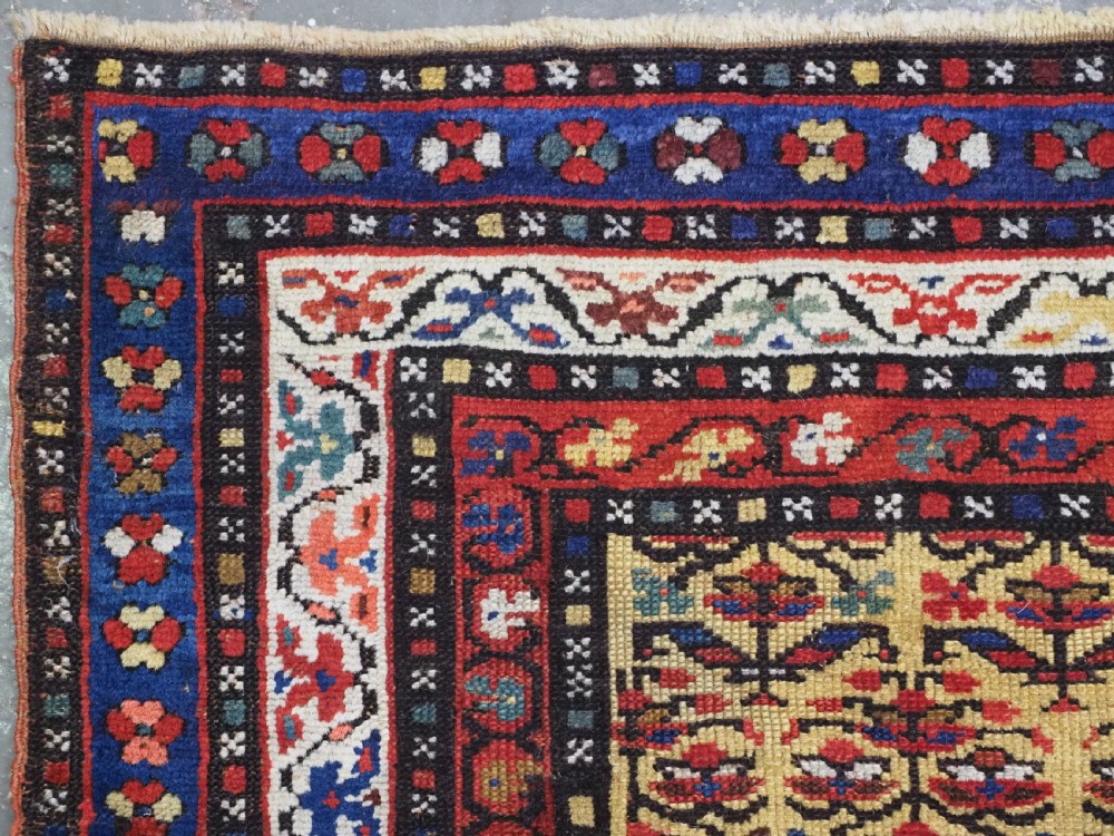 An antique hand-knotted Kurdish wool rug featuring a bright yellow central field with repeating red and blue shrub motifs enclosed within patterned borders. View V