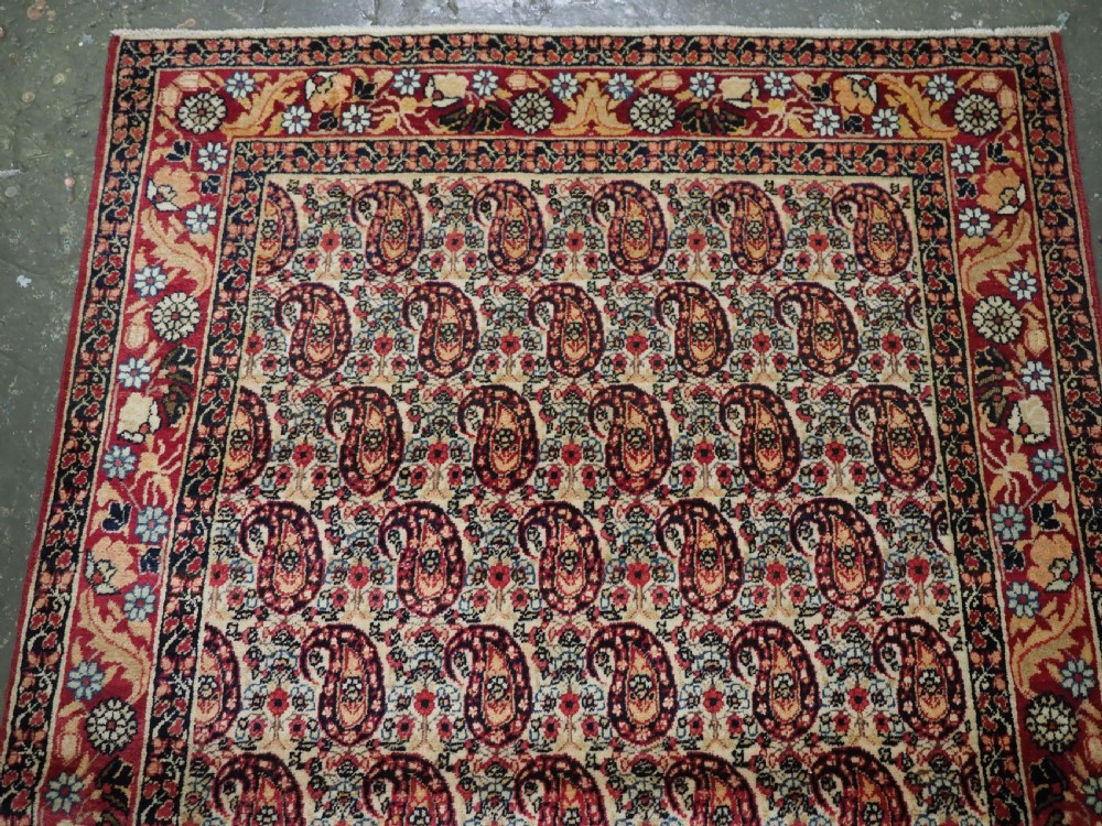 An antique Kirman rug featuring a repeat floral boteh pattern on a cream field enclosed by a detailed red and cream floral border. View III