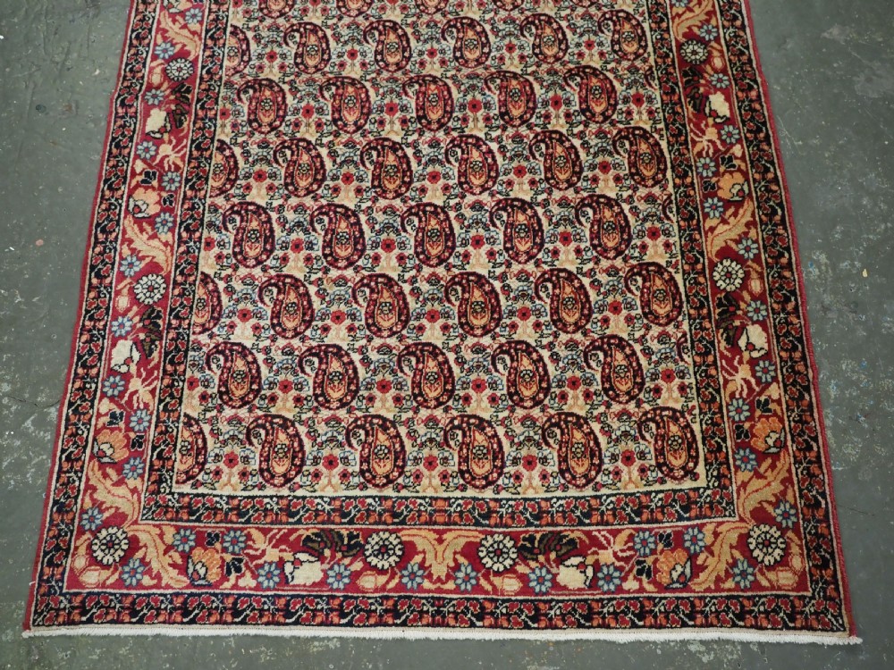 An antique Kirman rug featuring a repeat floral boteh pattern on a cream field enclosed by a detailed red and cream floral border. View V
