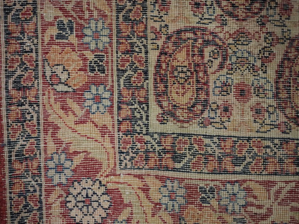 An antique Kirman rug featuring a repeat floral boteh pattern on a cream field enclosed by a detailed red and cream floral border. View XI