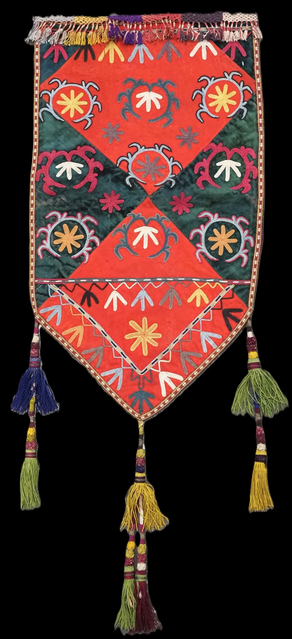 ANTIQUE UZBEK LAKAI TRIBE 'UUT KAP ILGICH' TALISMANIC SHIELD, GREEN VELVET, CIRCA 1900.