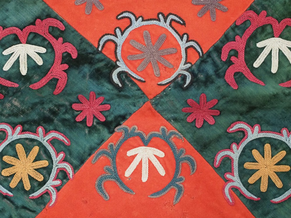 ANTIQUE UZBEK LAKAI TRIBE 'UUT KAP ILGICH' TALISMANIC SHIELD, GREEN VELVET, CIRCA 1900. View VII