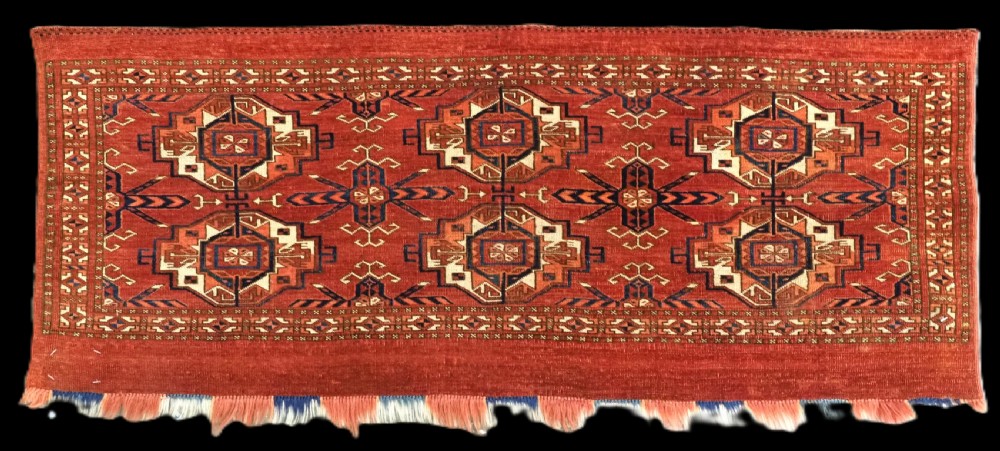 ANTIQUE TEKKE TURKMEN 6 GUL TORBA, OUTSTAND EXAMPLE OF TYPE, EARLY 19TH CENTURY.