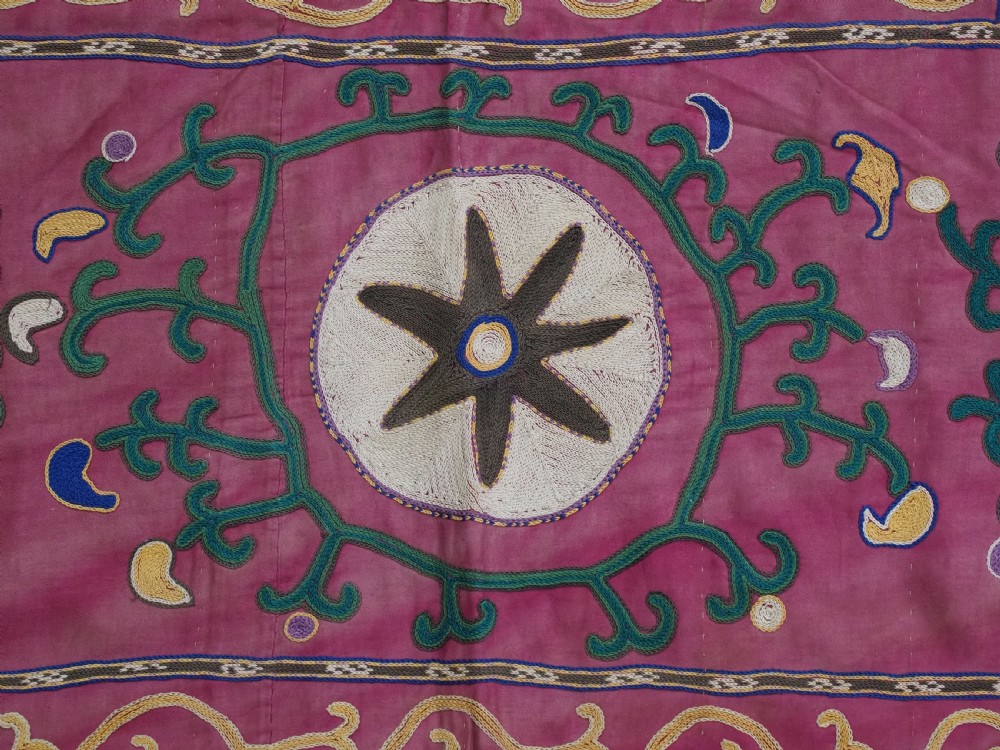 A rectangular hand-embroidered pink silk on cotton suzani textile featuring circular floral motifs, star shapes, and scrolling vine borders. View IX