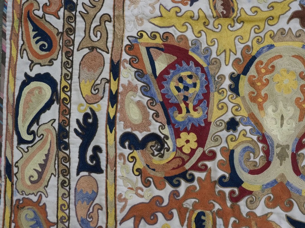 ANTIQUE UZBEK SHAHRIZABAZ LAKAI SUZANI, FINE DETAILED WORK, CIRCA 1900/20. View VI