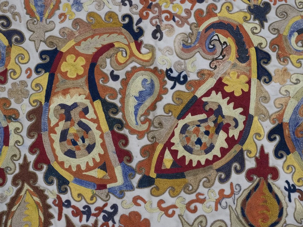 ANTIQUE UZBEK SHAHRIZABAZ LAKAI SUZANI, FINE DETAILED WORK, CIRCA 1900/20. View VIII
