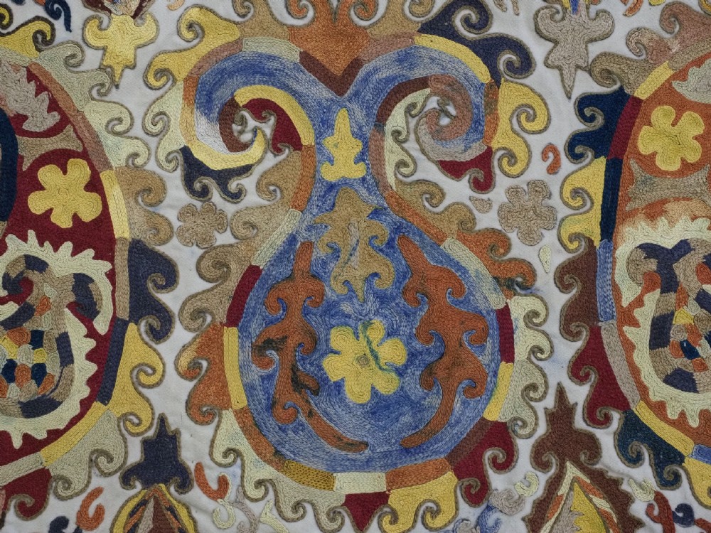 ANTIQUE UZBEK SHAHRIZABAZ LAKAI SUZANI, FINE DETAILED WORK, CIRCA 1900/20. View X