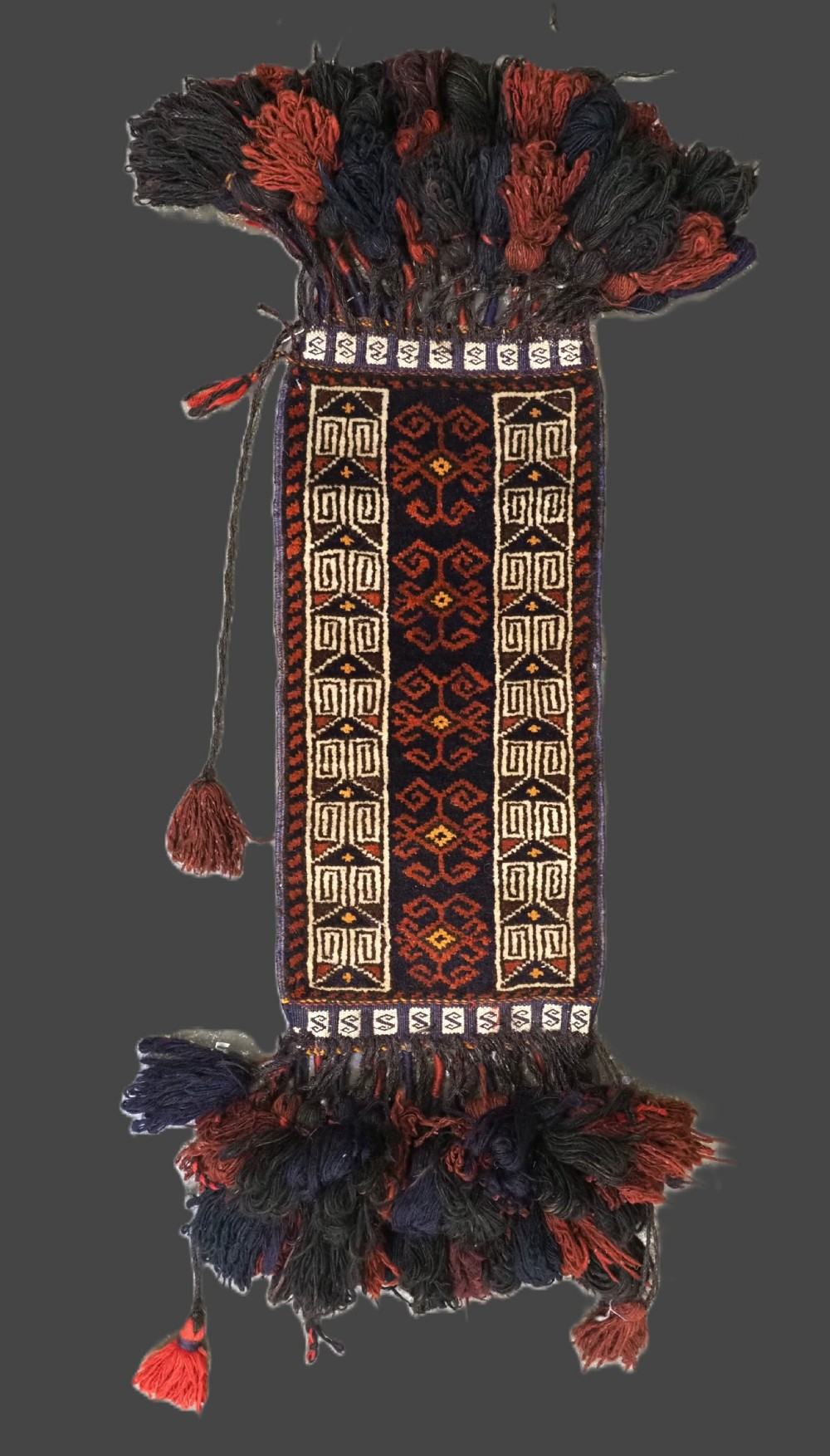 ANTIQUE AFGHAN TAIMANI BALUCH ANIMAL TRAPPING COMPLETE WITH ORIGINAL TASSELS, CIRCA 1900/20.