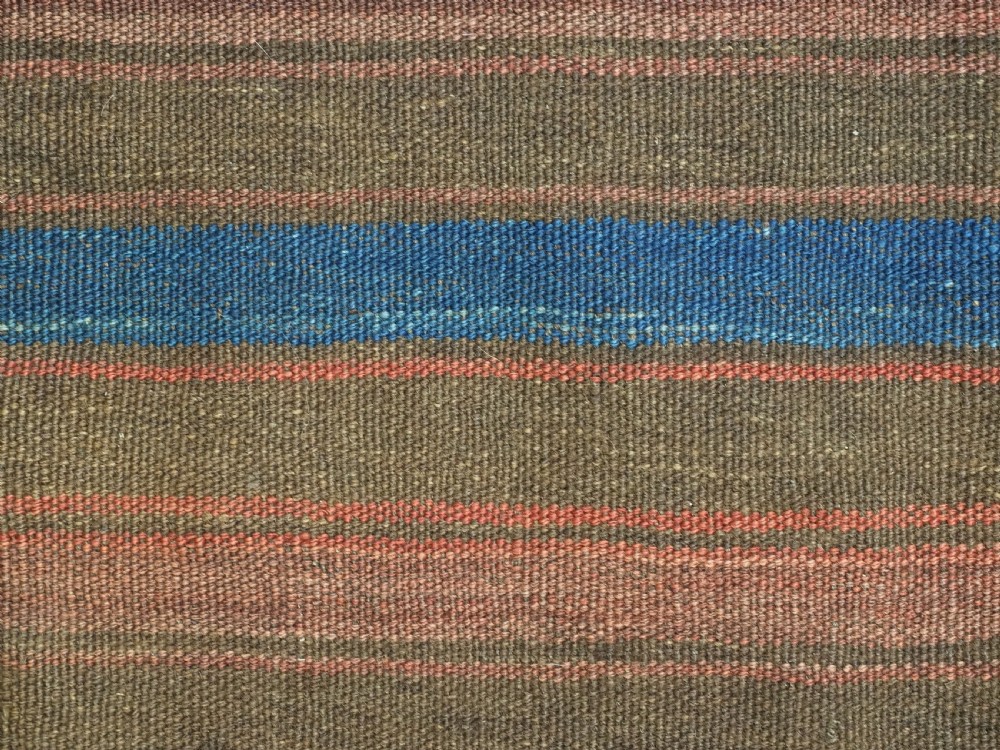 An antique woven Baluch storage bag featuring horizontal bands of geometric diamond motifs in terracotta, indigo blue, and cream wool. View IX