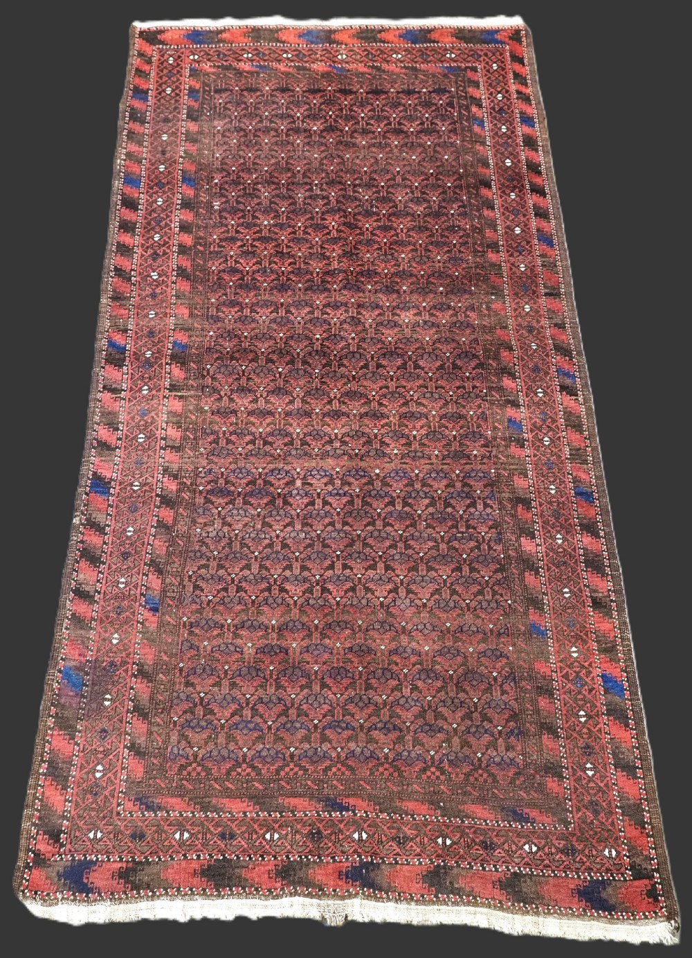 An antique hand-knotted Timuri Baluch wool rug featuring a dark red and brown field with a repeating small shrub design enclosed by geometric borders.