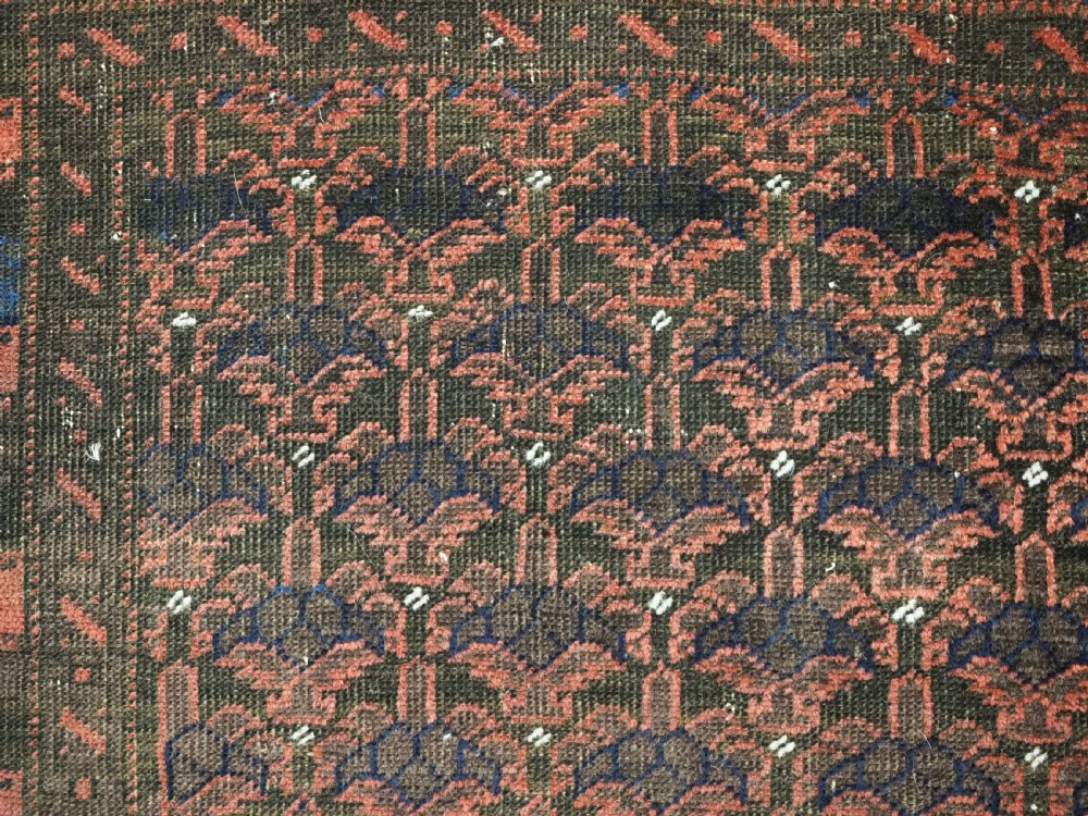 An antique hand-knotted Timuri Baluch wool rug featuring a dark red and brown field with a repeating small shrub design enclosed by geometric borders. View XI