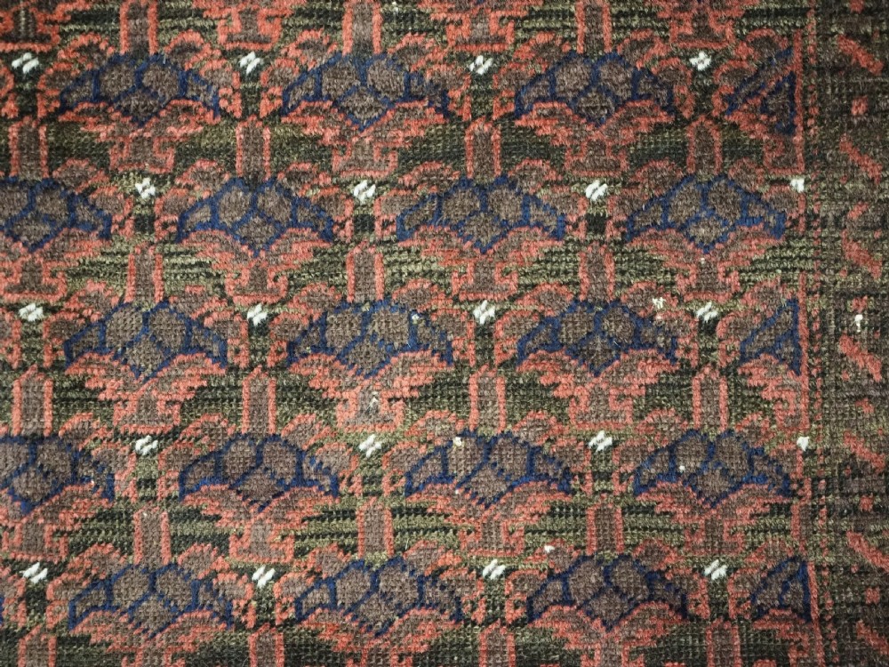 An antique hand-knotted Timuri Baluch wool rug featuring a dark red and brown field with a repeating small shrub design enclosed by geometric borders. View XIII