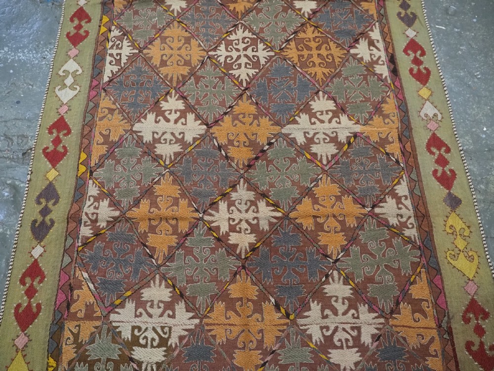 A long rectangular antique Uzbek handwoven wool suzani runner rug with a diamond lattice pattern and geometric border motifs in earth tones. View IV