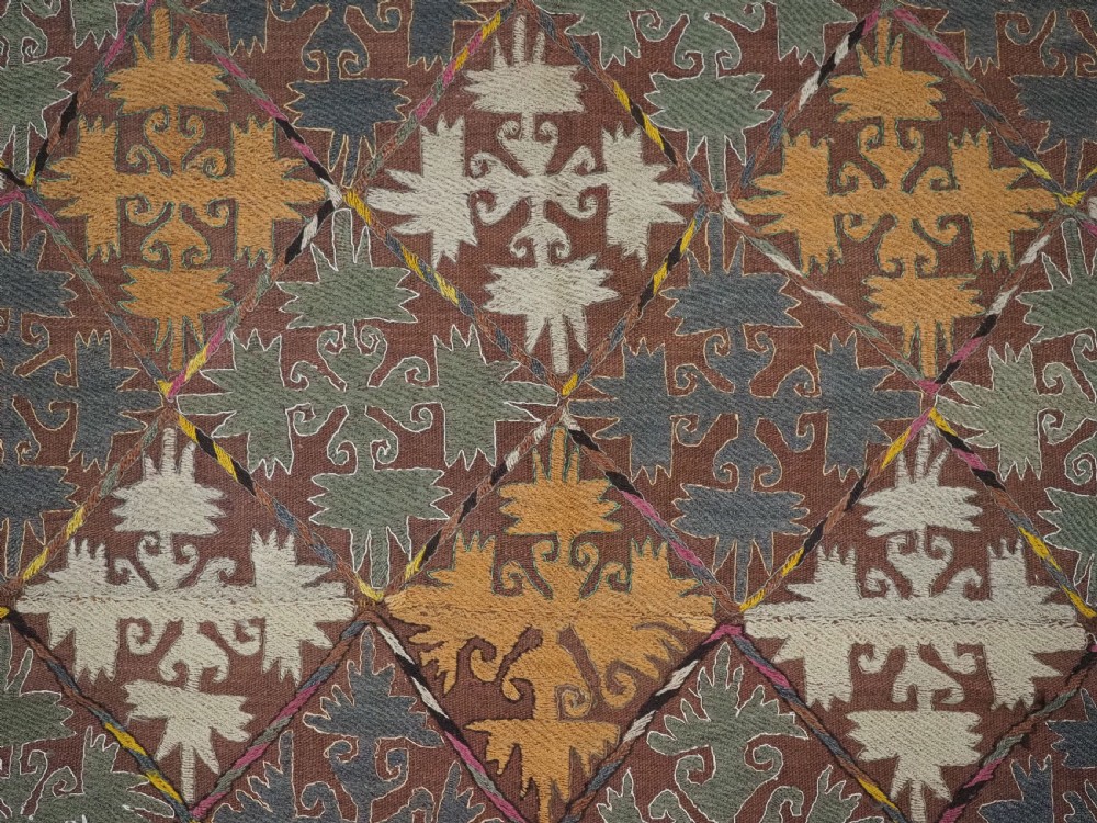 A long rectangular antique Uzbek handwoven wool suzani runner rug with a diamond lattice pattern and geometric border motifs in earth tones. View VIII