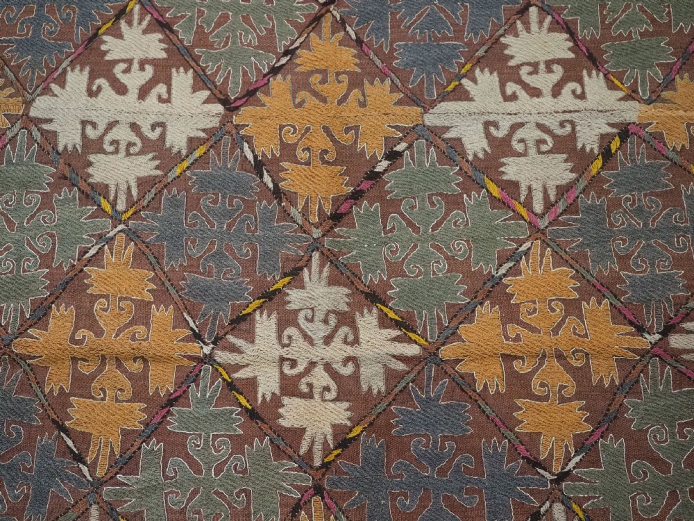 A long rectangular antique Uzbek handwoven wool suzani runner rug with a diamond lattice pattern and geometric border motifs in earth tones. View IX