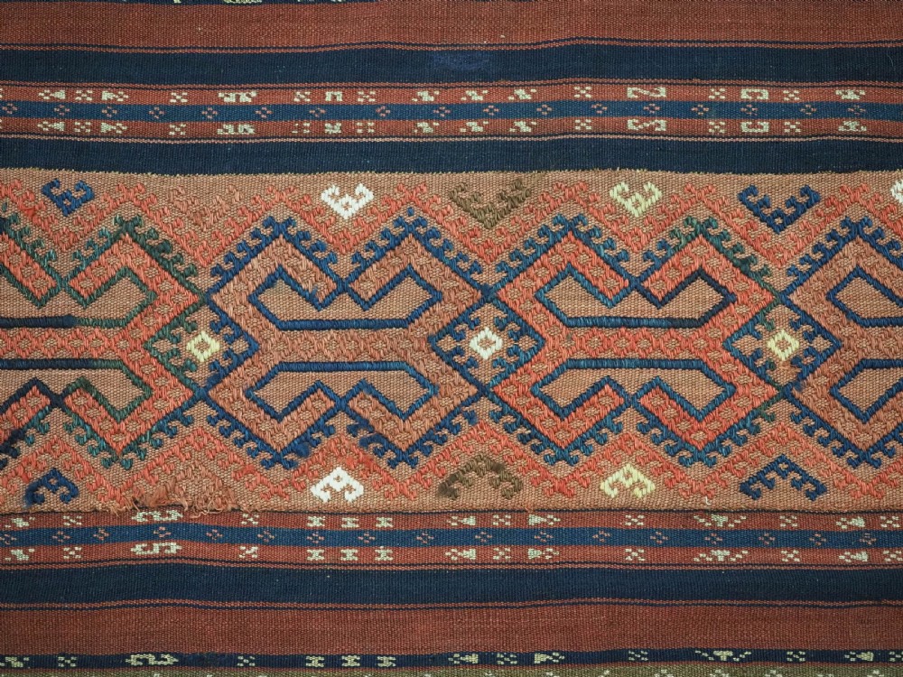 An antique handwoven Uzbek kilim panel constructed from four joined strips featuring terracotta red, indigo blue, and ivory geometric patterns. View VI