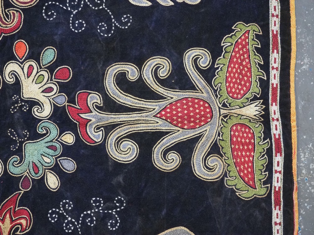 ANTIQUE UZBEK CEREMONIAL TABLE COVER, SILK TWIST ON BLUE VELVET, LATE 19TH CENTURY. View VII