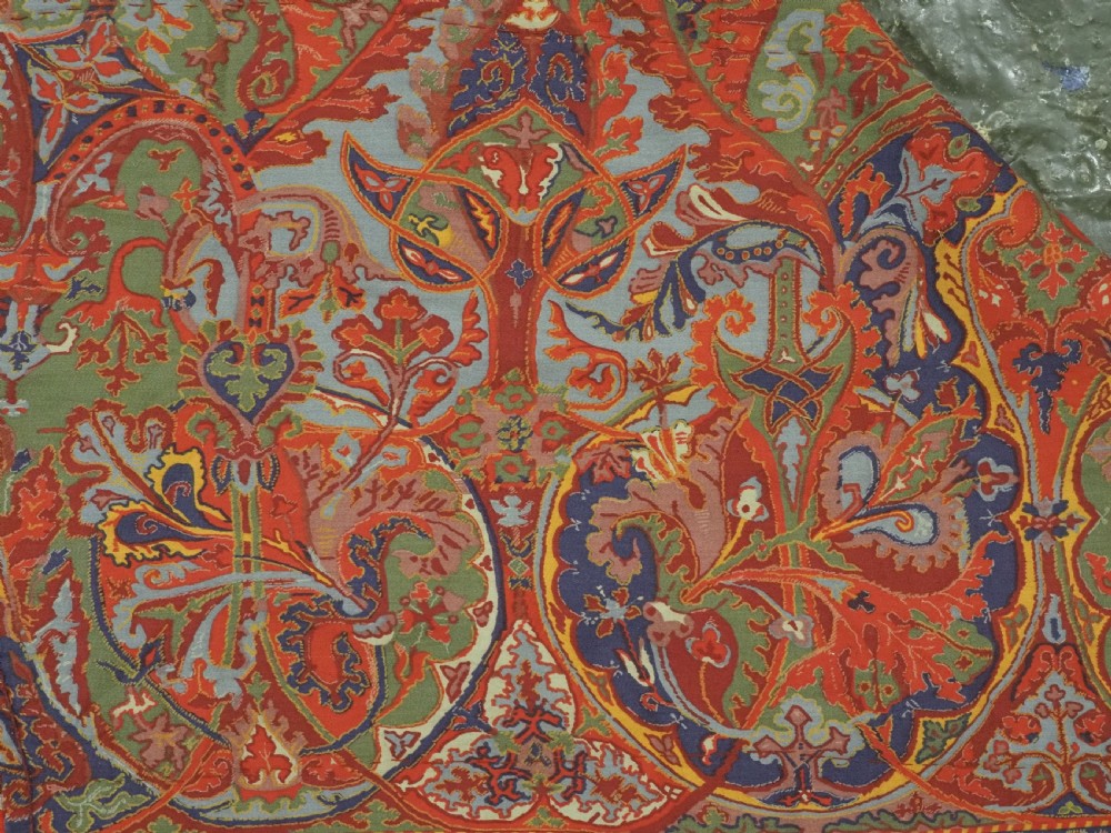 A rectangular hand-embroidered Uzbek suzani textile featuring circular solar medallions with central stars in shades of yellow, purple, white, and red. View XIII