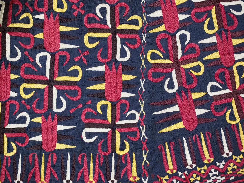 An antique 19th-century Turkmen chyrpy ceremonial coat featuring dense red, yellow, and white silk hand embroidery on a dark base with fringed borders. View VII