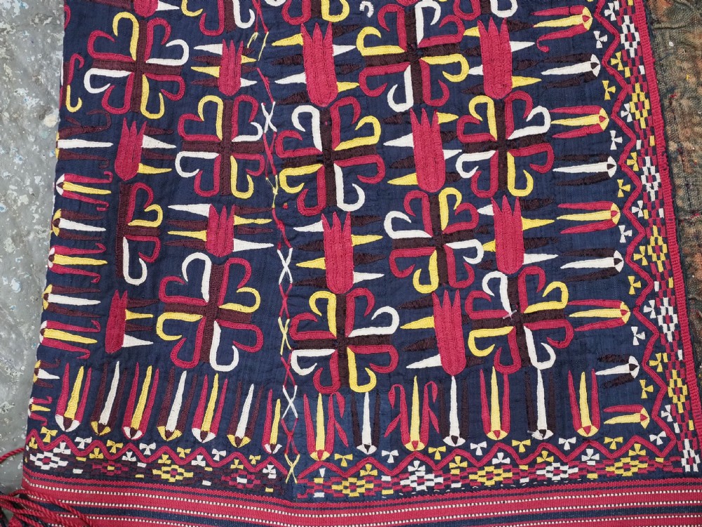 An antique 19th-century Turkmen chyrpy ceremonial coat featuring dense red, yellow, and white silk hand embroidery on a dark base with fringed borders. View XIII