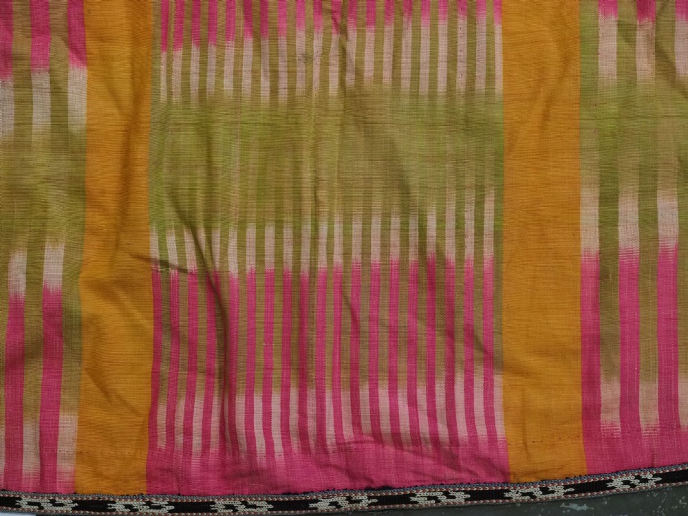 A late 19th-century Uzbek silk ikat khalat robe displaying pink, yellow, green, and purple vertical patterns. View VIII