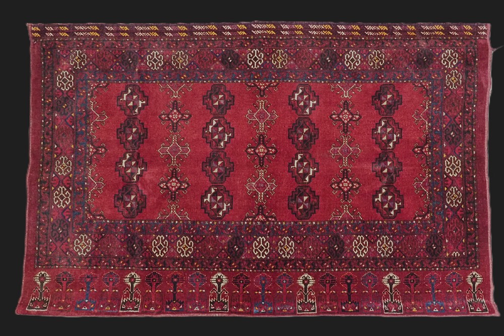 ANTIQUE AFGHAN ERSARI TURKMEN CHUVAL WITH SILK HIGHLIGHTS, COMPLETE WITH BACK, CIRCA 1900.