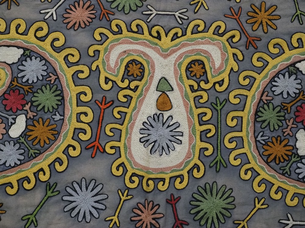 An early 20th-century Uzbek Lakai embroidered saddle cover featuring vibrant silk boteh and floral motifs on a grey ground with colourful fringe trim. View X