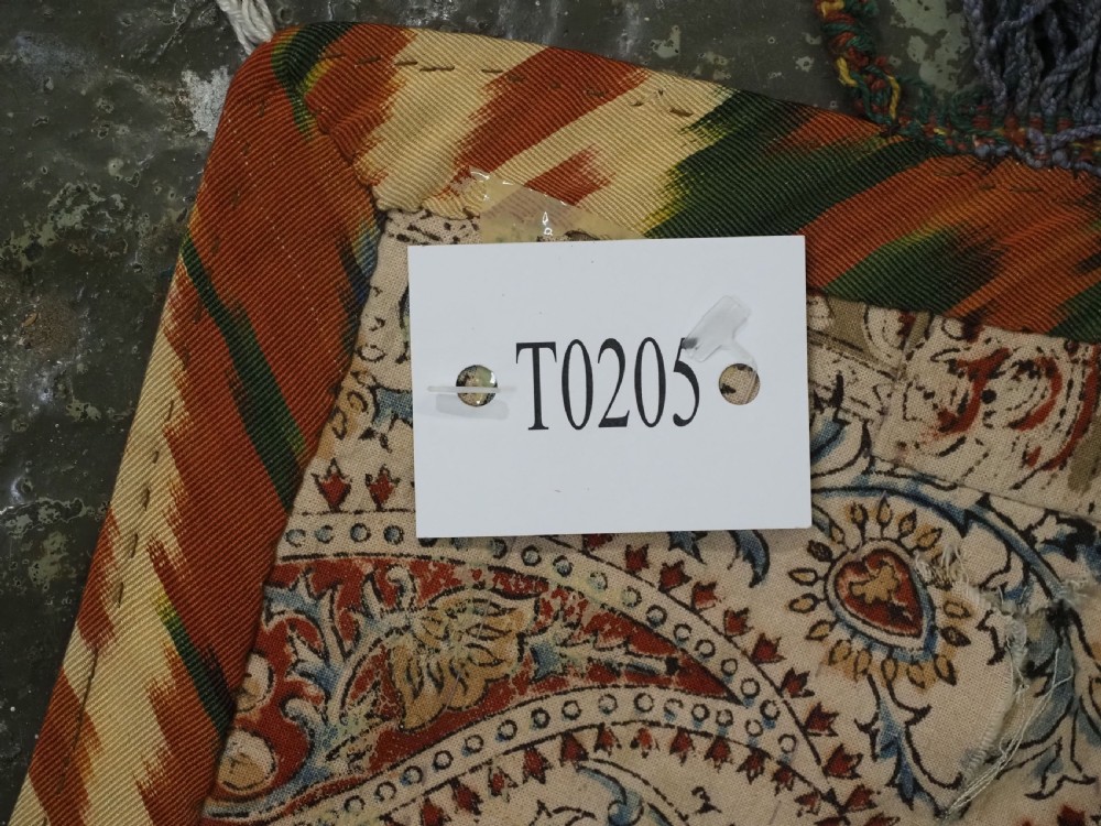 An early 20th-century Uzbek Lakai embroidered saddle cover featuring vibrant silk boteh and floral motifs on a grey ground with colourful fringe trim. View XVII