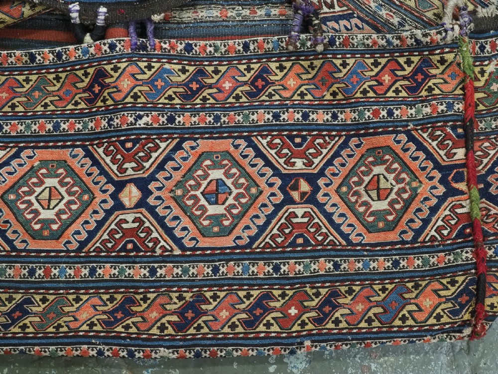 ANTIQUE SOUTH CAUCASIAN OR SHAHSAVAN COMPLETE MAFRASH STORAGE BAG IN SOUMAK WORK, CIRCA 1900. View III