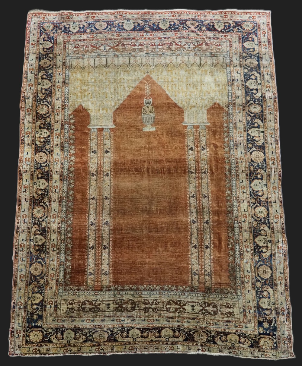 ANTIQUE PERSIAN SILK TABRIZ PRAYER RUG WITH DOUBLE COLUMN DESIGN, CIRCA 1890.
