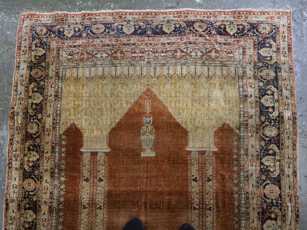 ANTIQUE PERSIAN SILK TABRIZ PRAYER RUG WITH DOUBLE COLUMN DESIGN, CIRCA 1890. View II