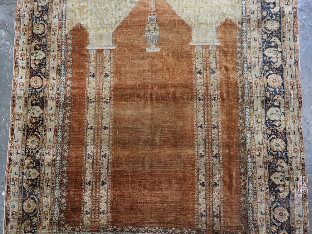 ANTIQUE PERSIAN SILK TABRIZ PRAYER RUG WITH DOUBLE COLUMN DESIGN, CIRCA 1890. View III
