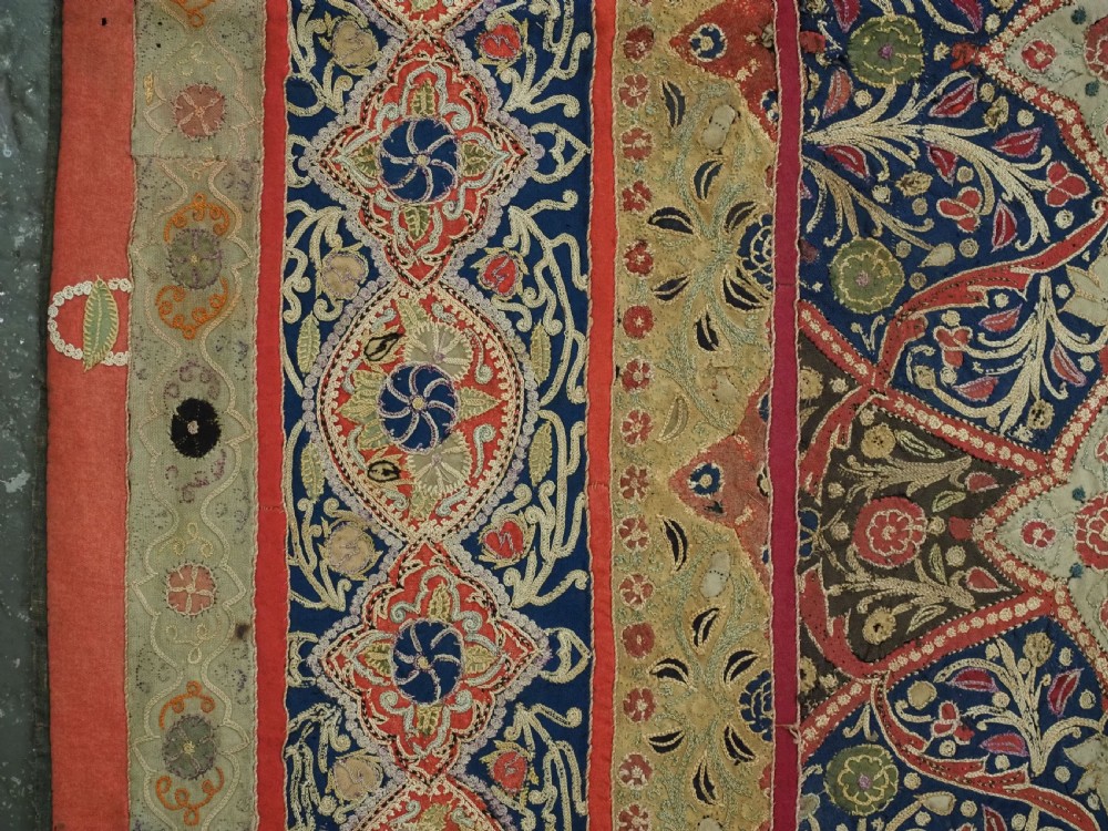 A rectangular 19th-century Persian Rasht textile featuring elaborate floral and geometric lattice patterns crafted from silk embroidery and felt applique in red, blue, green, and cream tones. View VI