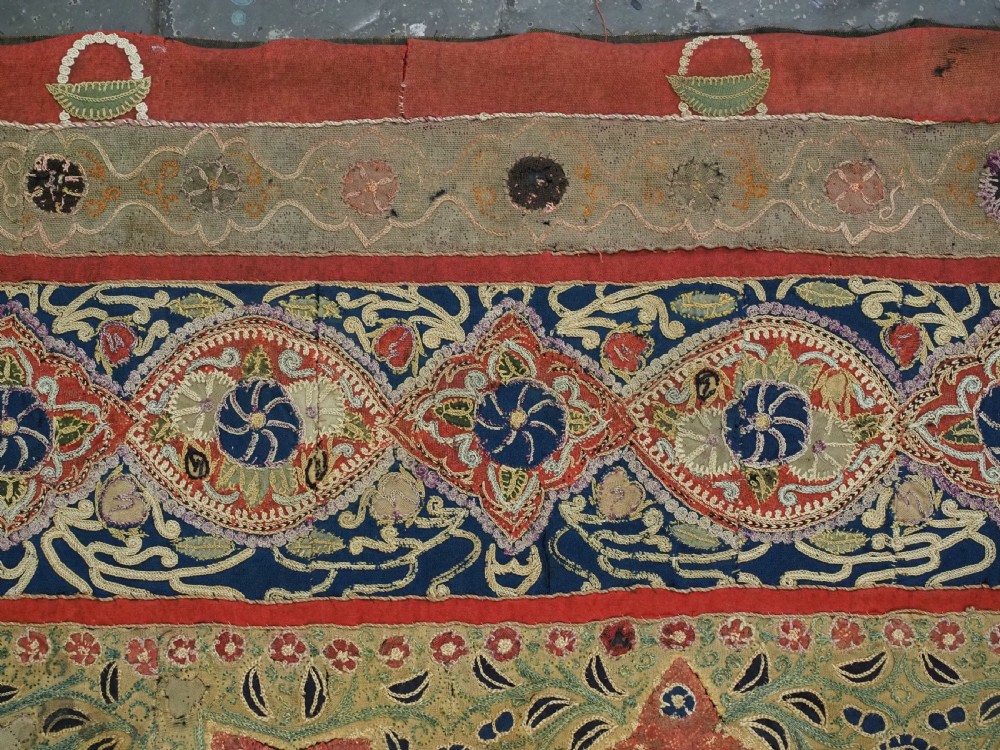 A rectangular 19th-century Persian Rasht textile featuring elaborate floral and geometric lattice patterns crafted from silk embroidery and felt applique in red, blue, green, and cream tones. View VII