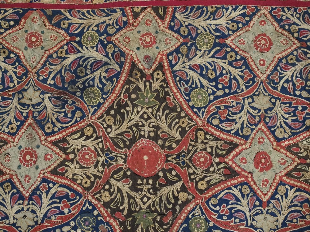 A rectangular 19th-century Persian Rasht textile featuring elaborate floral and geometric lattice patterns crafted from silk embroidery and felt applique in red, blue, green, and cream tones. View VIII