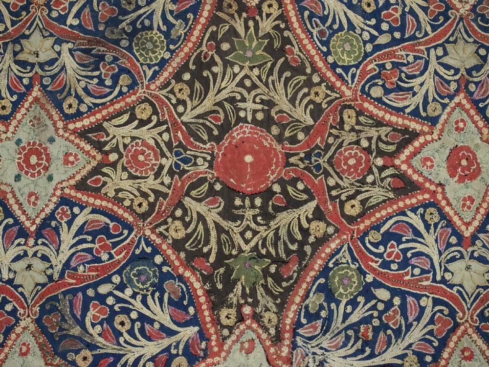 A rectangular 19th-century Persian Rasht textile featuring elaborate floral and geometric lattice patterns crafted from silk embroidery and felt applique in red, blue, green, and cream tones. View IX