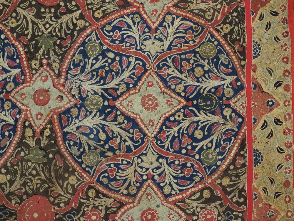A rectangular 19th-century Persian Rasht textile featuring elaborate floral and geometric lattice patterns crafted from silk embroidery and felt applique in red, blue, green, and cream tones. View X
