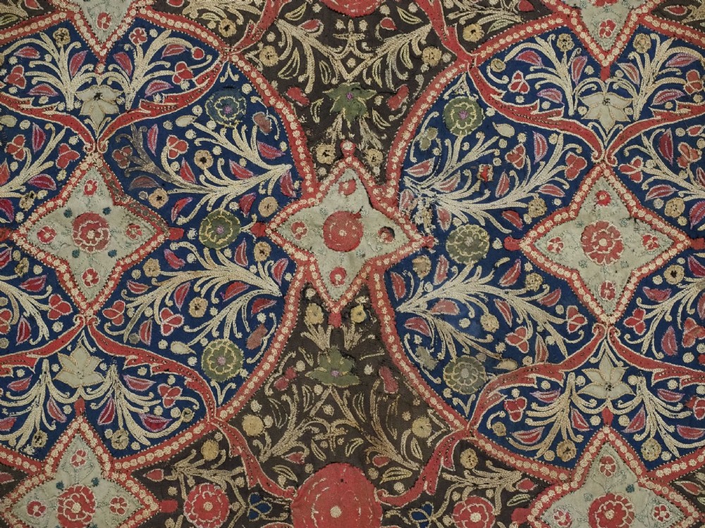 A rectangular 19th-century Persian Rasht textile featuring elaborate floral and geometric lattice patterns crafted from silk embroidery and felt applique in red, blue, green, and cream tones. View XI