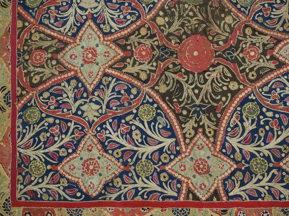 A rectangular 19th-century Persian Rasht textile featuring elaborate floral and geometric lattice patterns crafted from silk embroidery and felt applique in red, blue, green, and cream tones. View XII